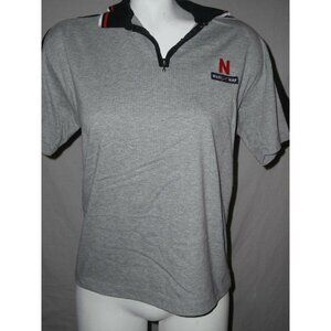 Vtg Nike Womens Gray Zip Polo Shirt  Red N Logo Stripe Short Sleeve Size Medium